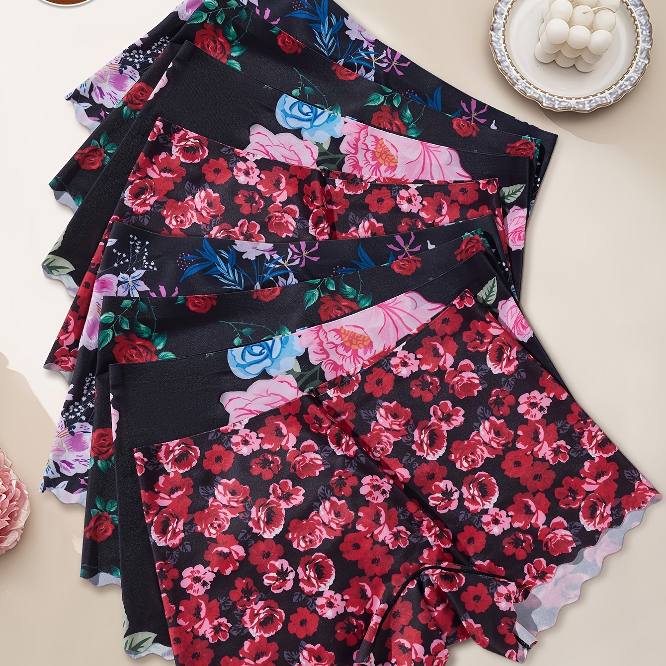TEMU 8pcs Random Bud Print Women's Ice Comfortable Tummy Control Base Pants, Smooth Texture Elegant And Decent, Anti-sheer Seamless Anti-rolling