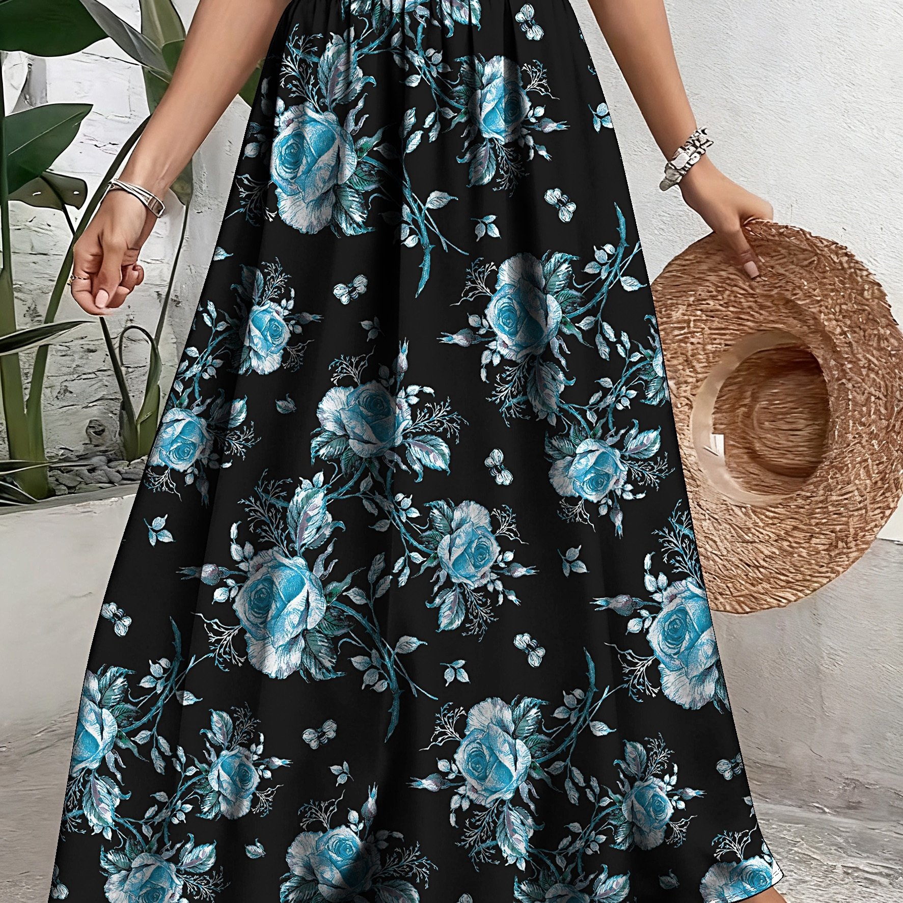 TEMU Plus Size, Elegant Floral Print Polyester Skirt - Casual A-line, Non-stretch Fabric, With Elastic Waistband And Hem, Machine Washable - Wear