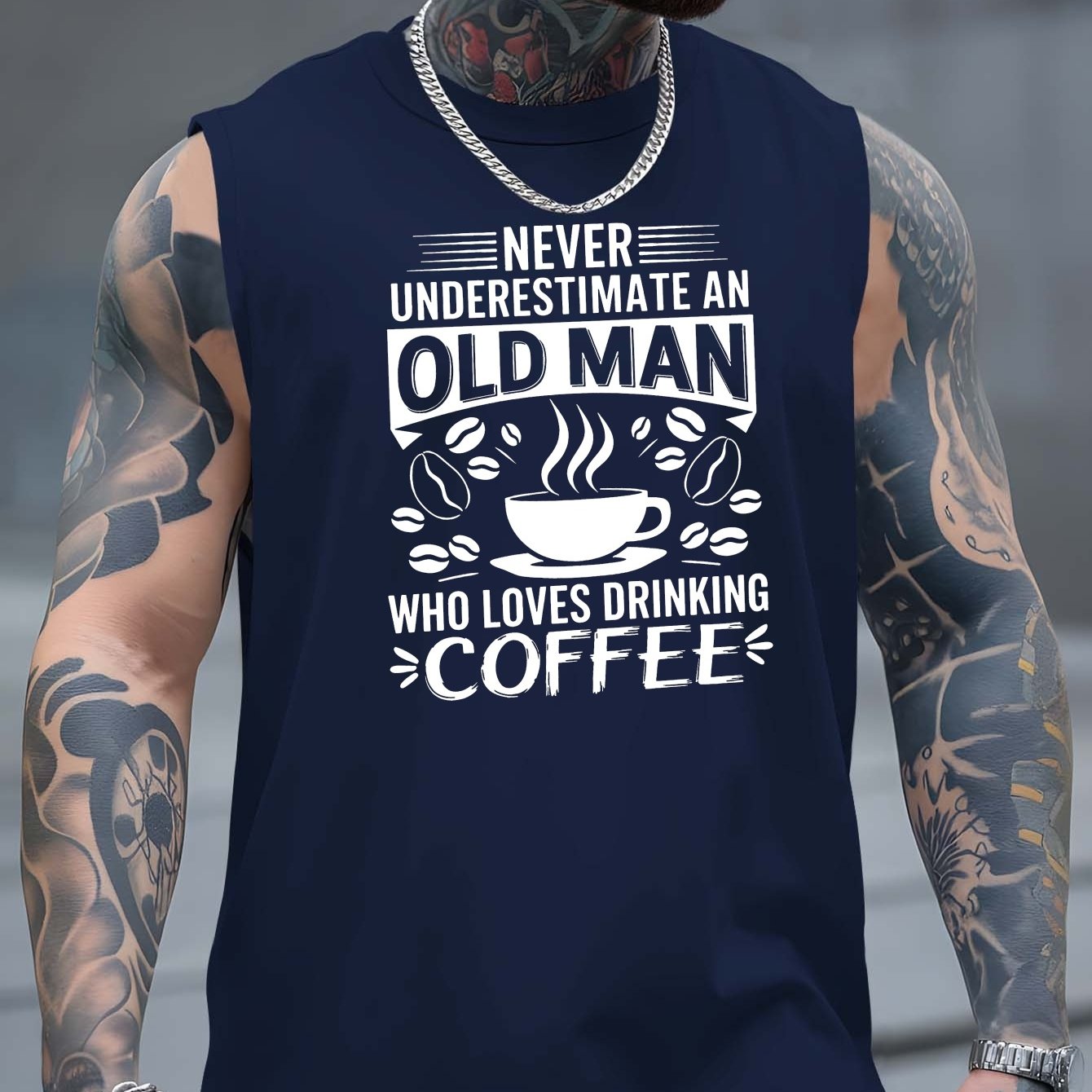 TEMU [printed Design - Not Textured] Men's "never An Old Man Who Coffee" Pattern Sleeveless Vest - Summer Athletic Tank Top, Coffee Cup Design,