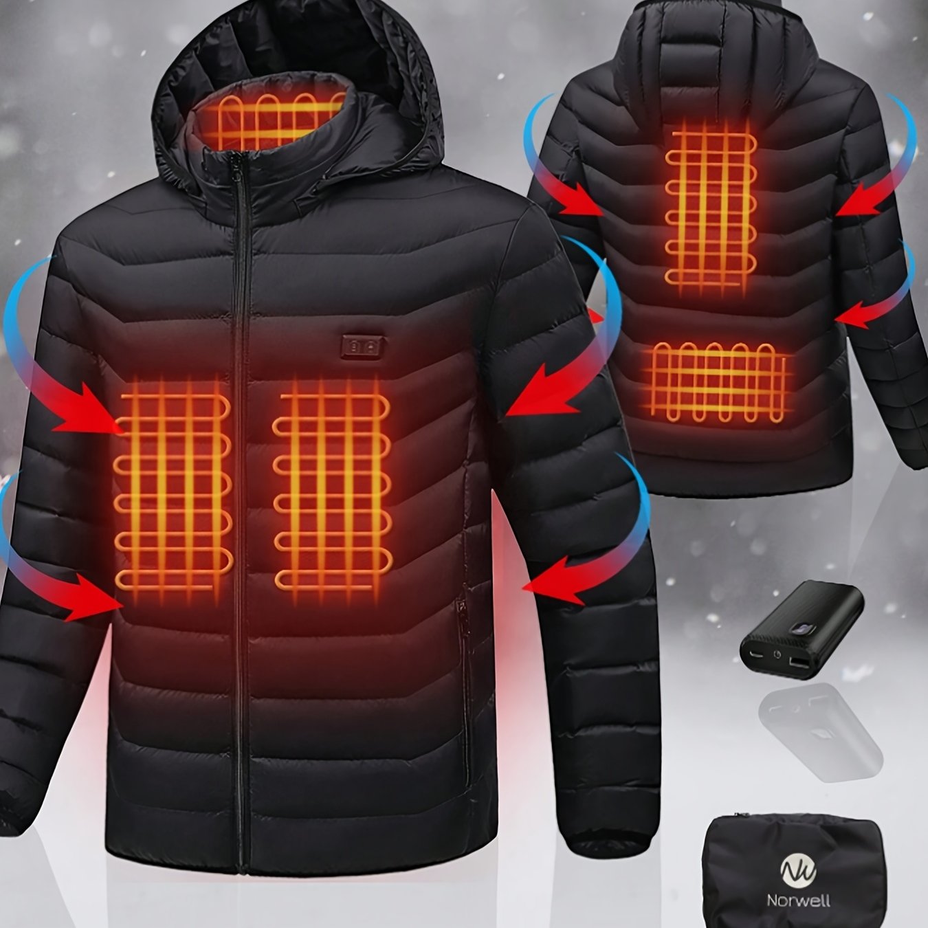 TEMU Warm Heated Jacket For Men - Long Sleeved, 3-level Usb Electric Heating, 5big Zone , Perfect For Outdoor Camping, Hiking, Skiing, And Cold Weather Activities - With Battery Pack