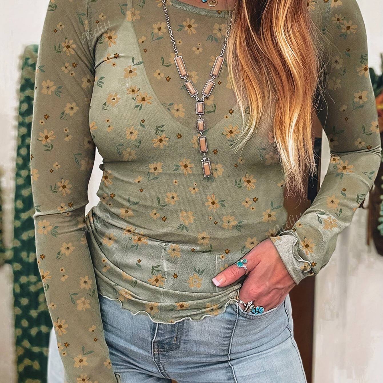 Image of Women's Bohemian Semi-sheer Lace Blouse - Long Sleeve Slim With Sheer Panels, Elegant Machine Washable Shirt For Layering (boho Wedding Guest, Party Or Special Occasion Outfits) - Comfortable Blouse