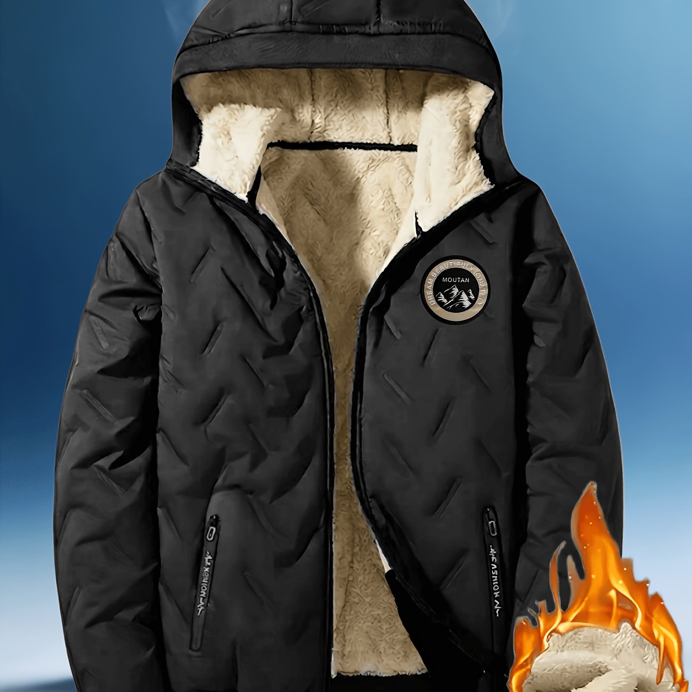 TEMU Men's -lined Winter Jacket, Fashionable Autumn/winter Jacket For Men, Thickened -lined Hooded Jacket For Extra , Round Logo For A More Look,