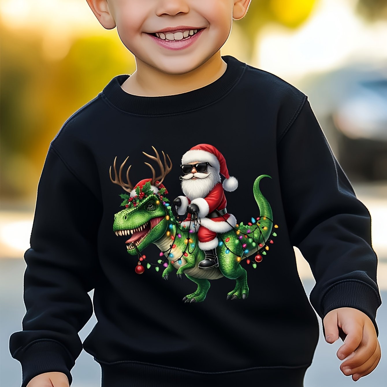 Image of Christmas Boy Riding Dinosaur Santa Trendy Holiday Wear Lightweight Sweatshirt
