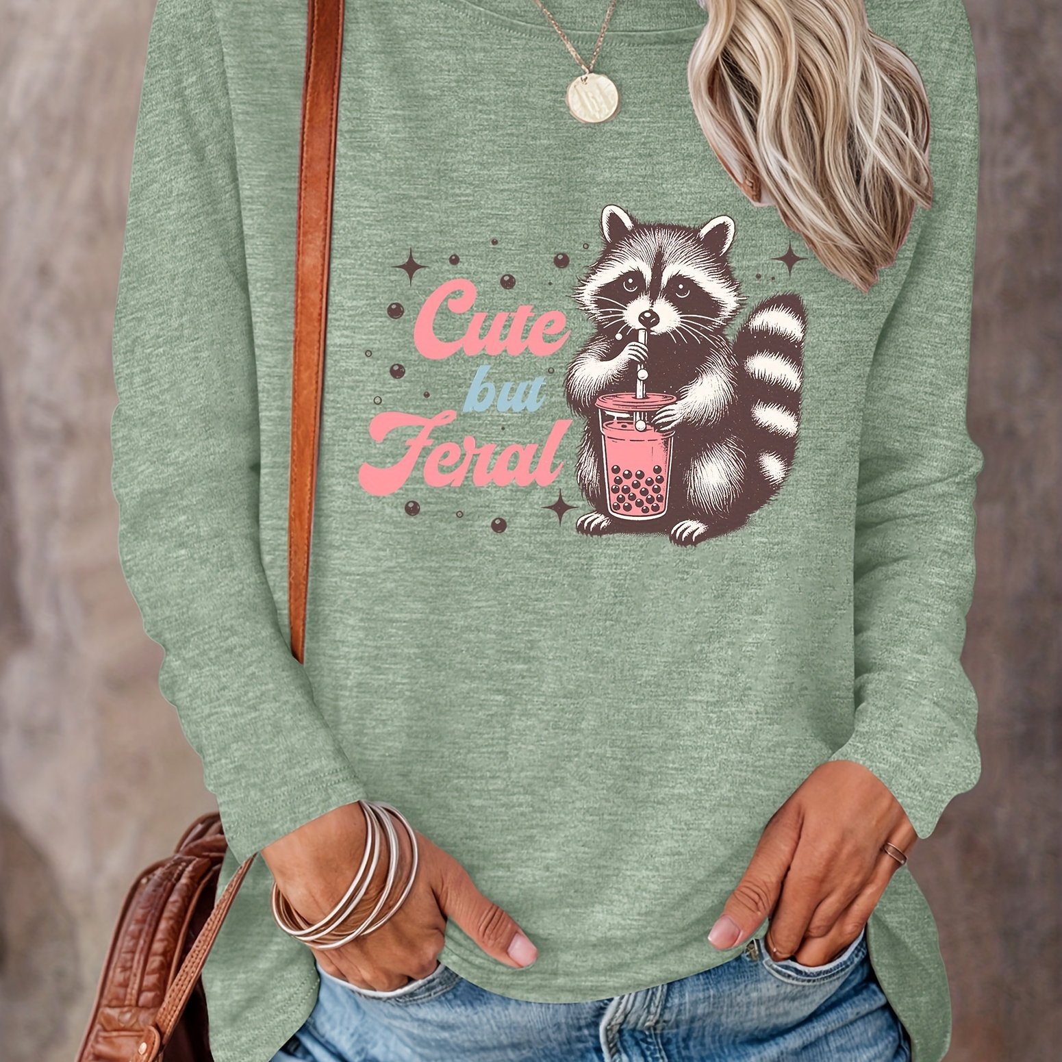 TEMU Letter & Racoon Print T-shirt, Long Sleeve Crew Neck Casual Top For Spring & Fall, Women's Clothing