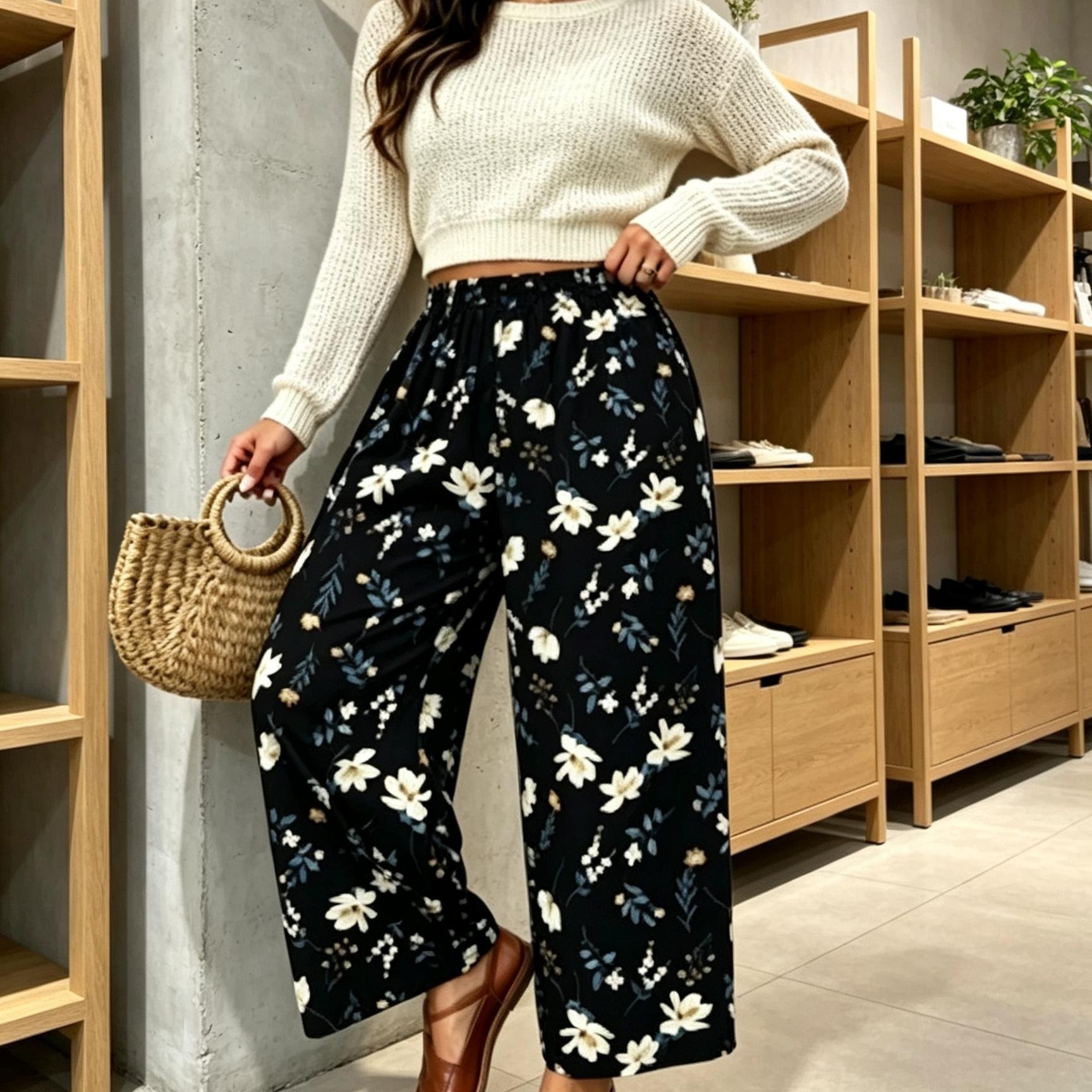 TEMU Plus Size, Women's Plus-size Elastic Mid-rise Straight-leg Trousers - Print Wide-leg Pants Suitable For Casual & Professional Wear, Loose Fit
