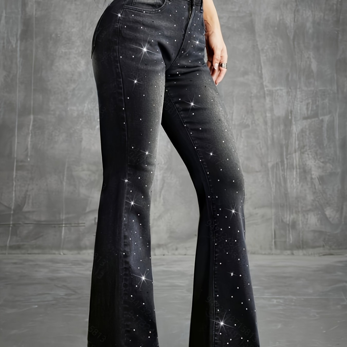 Image of Women's Fashion Carnival Denim Rhinestone Low-rise Flare Jeans