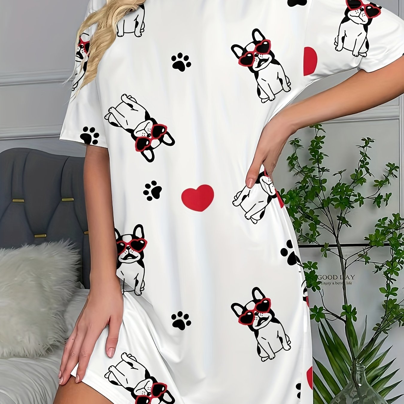 Image of 1pc Summer Casual Crew Neck Polyester Night Dress For Women, Dog Print Knit Fabric Pajamas, Comfortable Fashionable Sleepwear