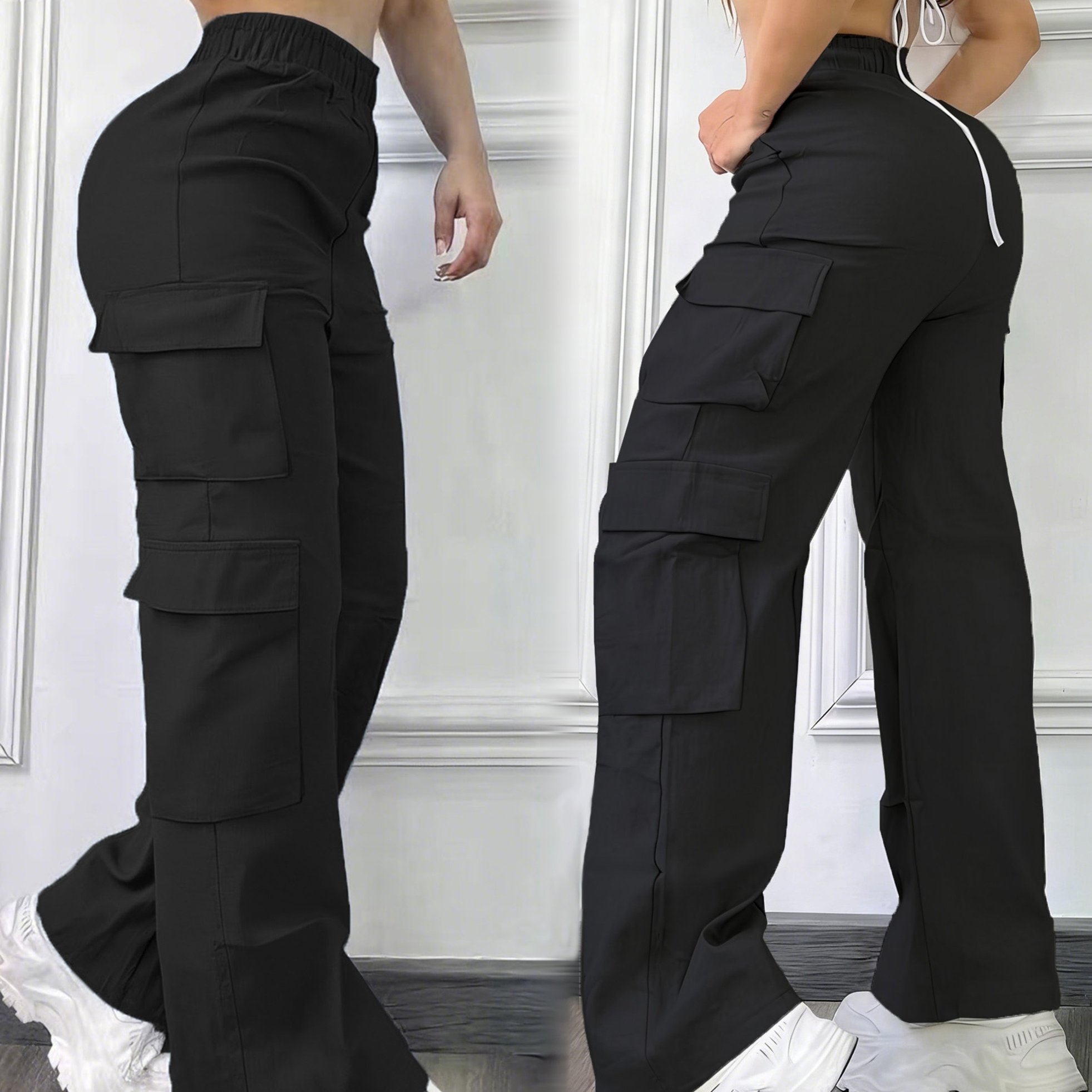 TEMU BAIQIANSHI Pantaloni cargo da donna con vita e tasche multiple - Pantaloni a vestibilit� adatti per spostamenti , viaggi, abbigliamento casual -