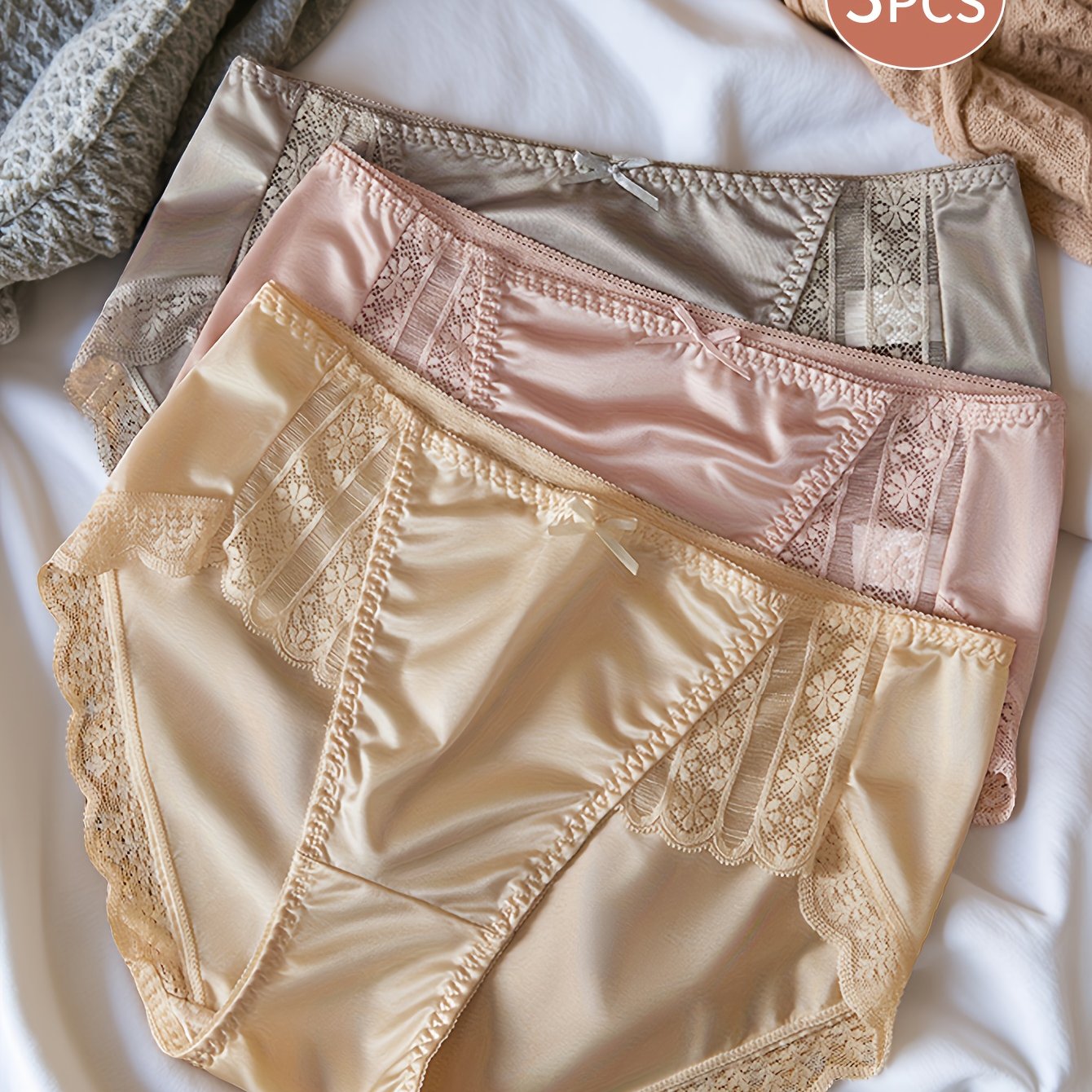 E-shop Set mit 3 luxuriösen Damen-Slips mit Spitze, aus Stoff, hochwertiges, nahtloses, atmungsaktives Design mit eleganten Schleifendetails
