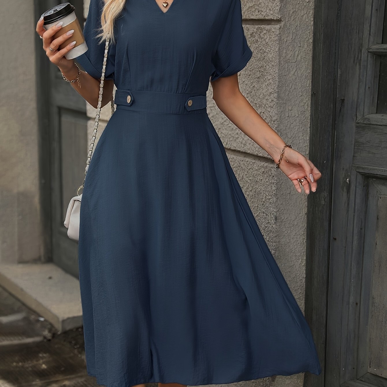 Image of Elegant Solid Color Notch Neck Batwing Sleeve Dress, Spring Summer Fall Outdoor Essential, Suitable For Daily Outing And Dates, Women's Must-have