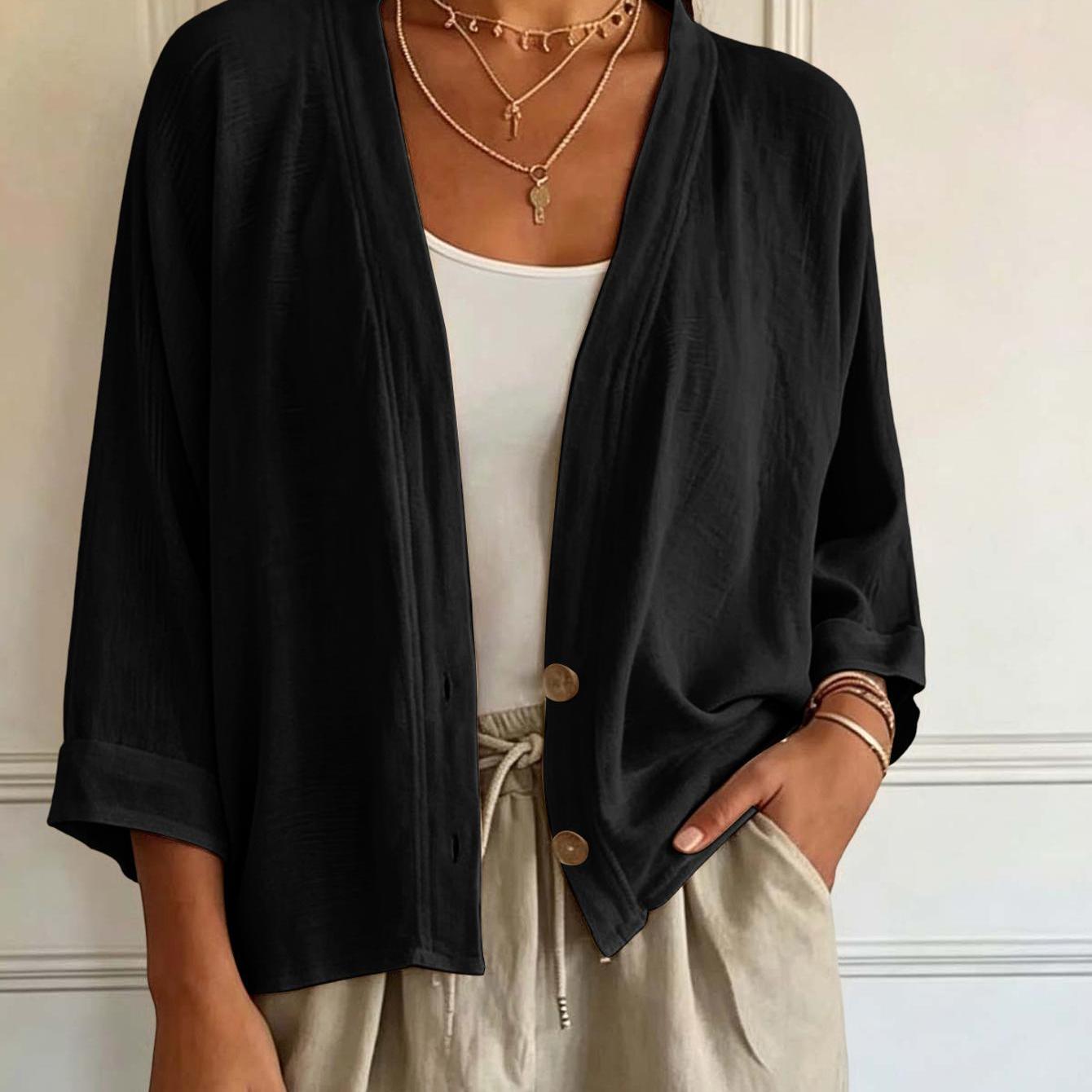 Image of Women' Blend Open Front Cardigan V Neck 3/4 Rolled Sleeve Button Lightweight Loose Casual Summer Beach Cover Up Shirt