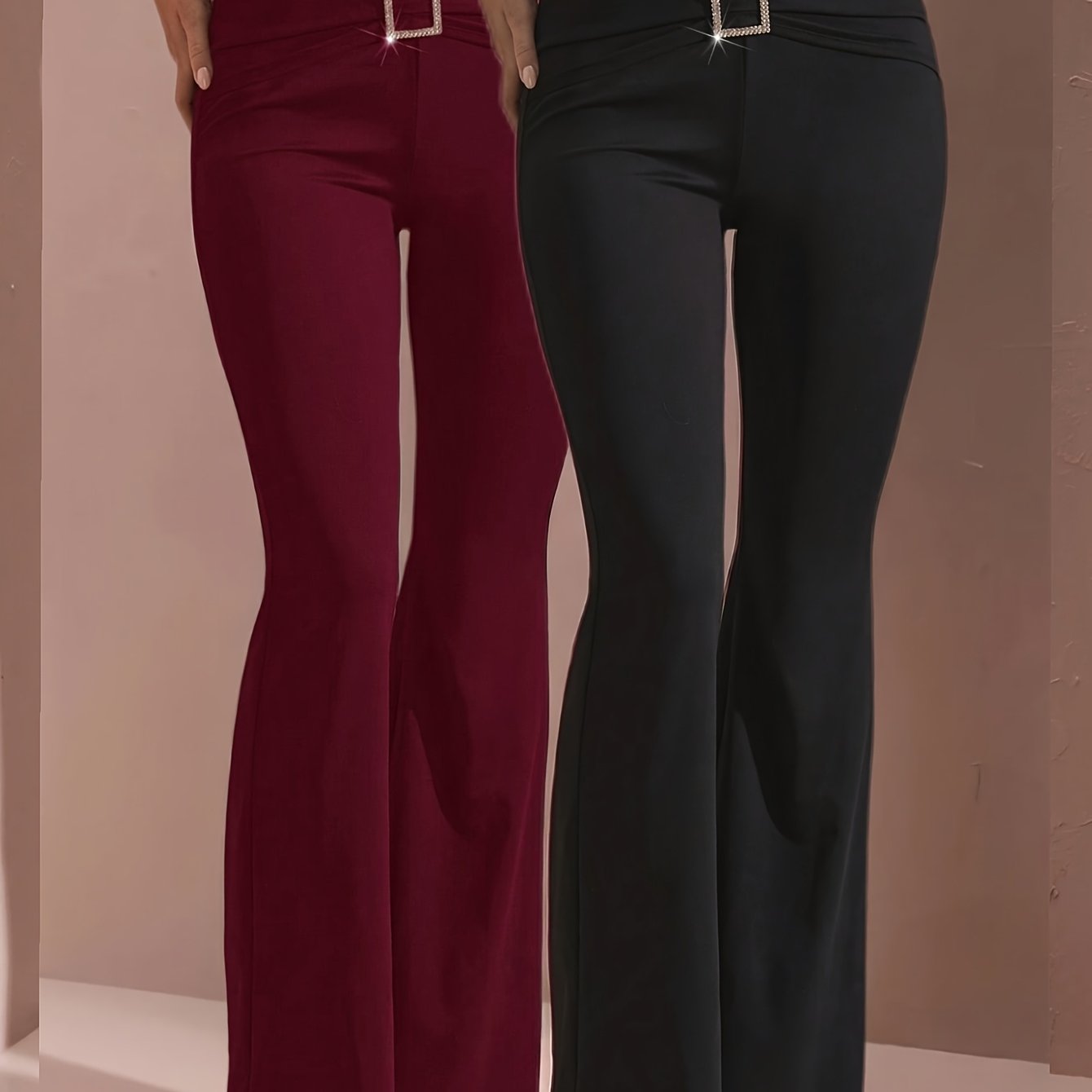 TEMU 2pcs Elegant Solid- Rhinestone-embellished Flared Pants Set