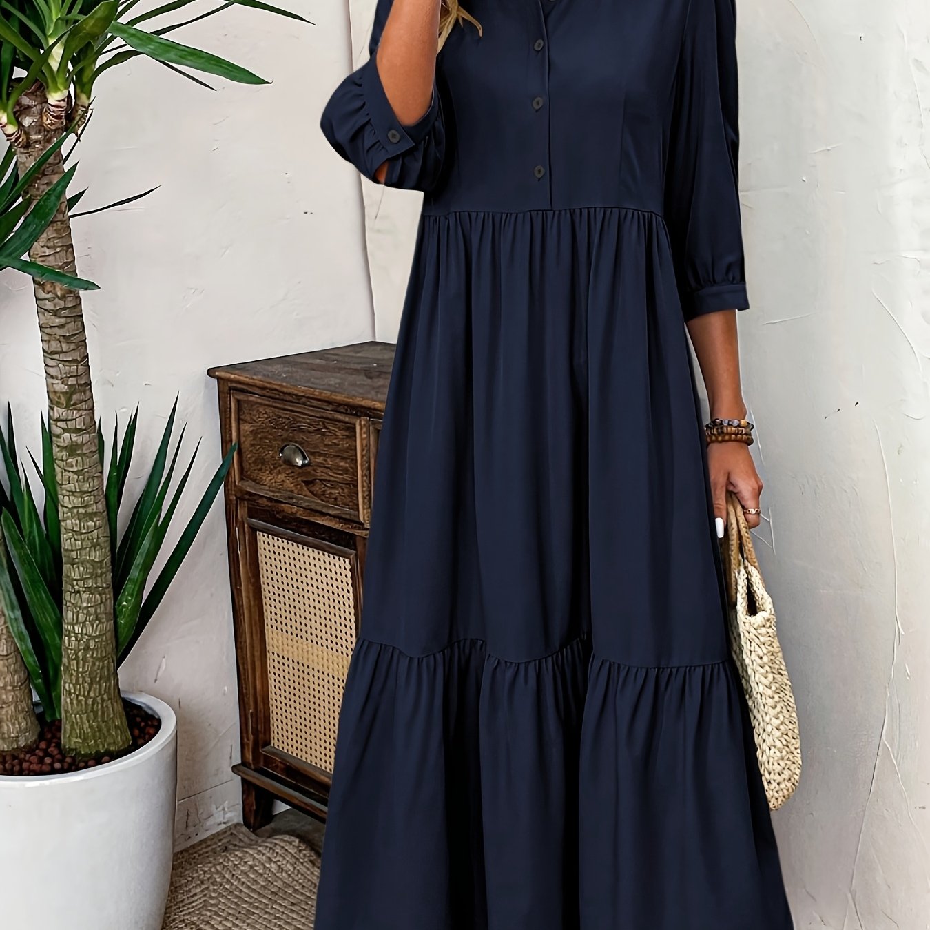 TEMU Elegant And Women's Button- Collar High Waist A-line Relaxed Fit Shirt-style Bridesmaid Dress. Fashionable And Elegant Item. Suitable For