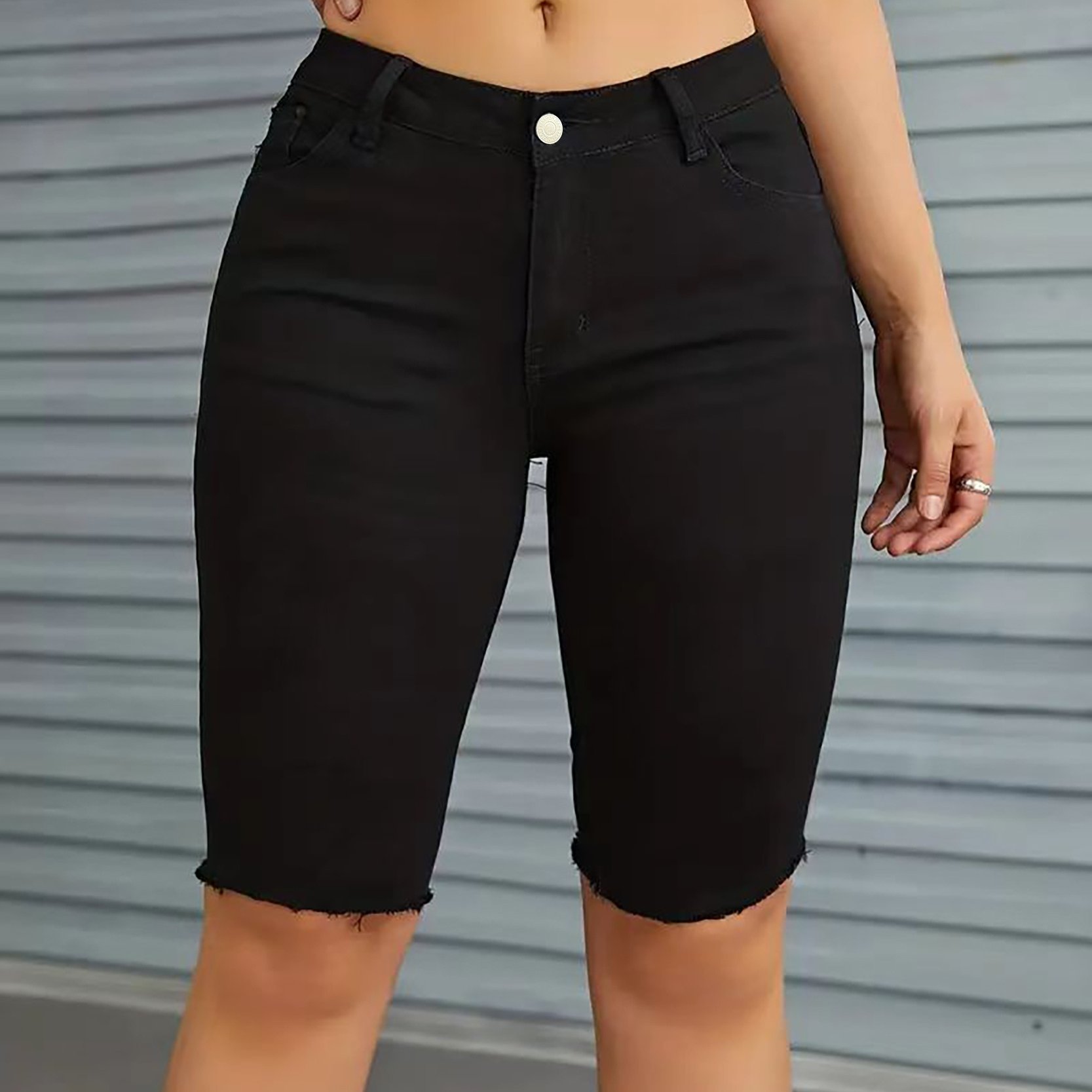 Women's High-waist Stretch Black Denim Shorts With Hem | , Solid Color, Summer Season