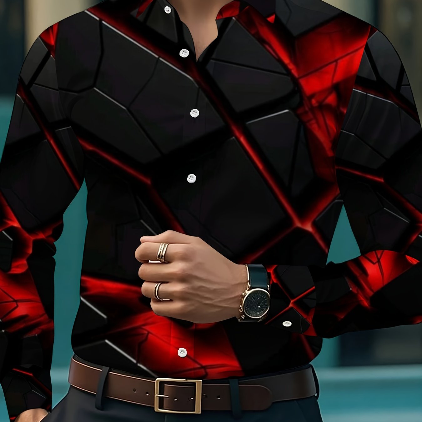 TEMU Men's Fashion Shirt With Red And Black , Lightweight And Durable For Casual Or Party Wear, Perfect For Nightlife And Social Events