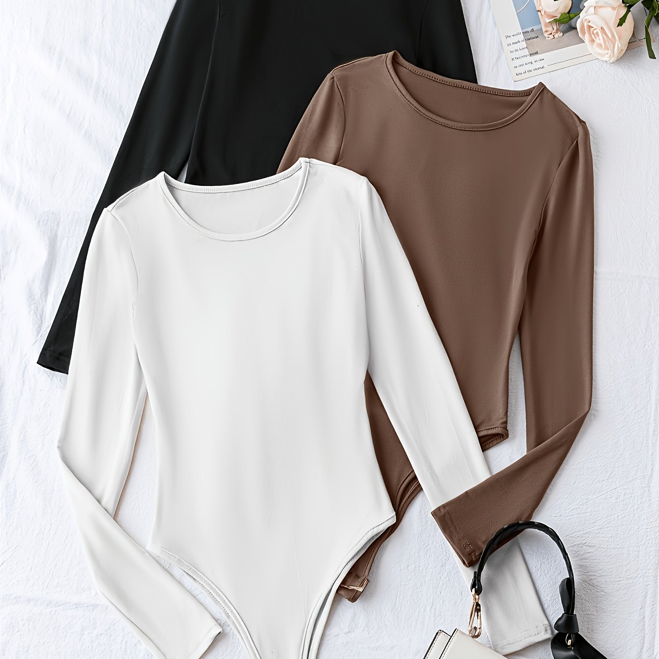 TEMU Women's Round Neck Solid Color Jumpsuit 3pcs Set