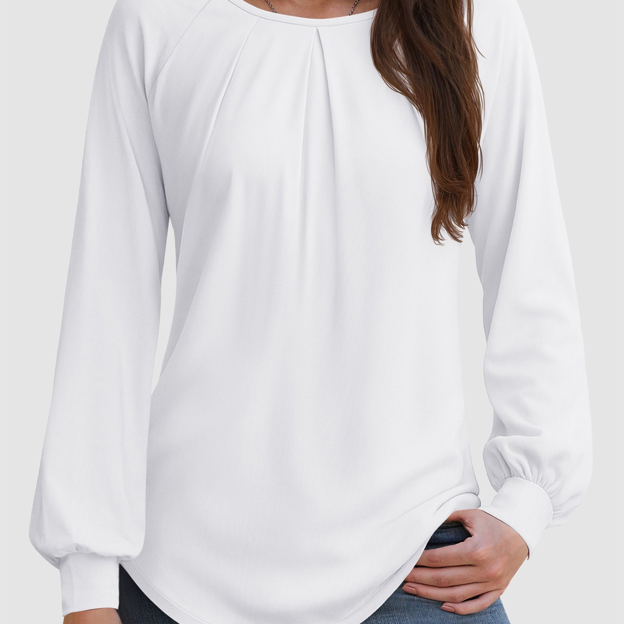 Women's Lantern Long Sleeve Shirt Crewneck Flowy Pleated Design Tunic Tops Crew Hem Blouses Tee Shirts For Dressy Casual Date