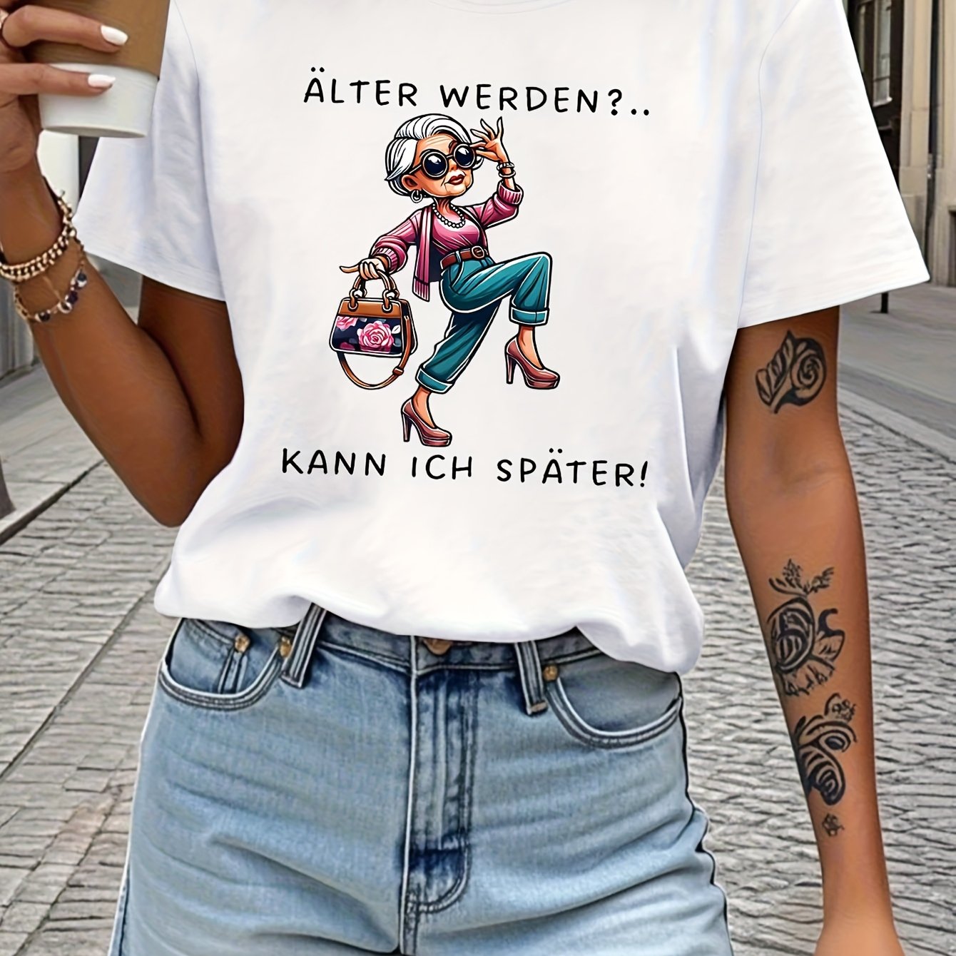 TEMU Deutscher Text "ALT WERDEN?... ICH SPÄTER!" Vitalität: Modisches Oma Deutschsprachiges Grafik-Druck T-Shirt für Damen, Kurzarm Rundhals Freizeit