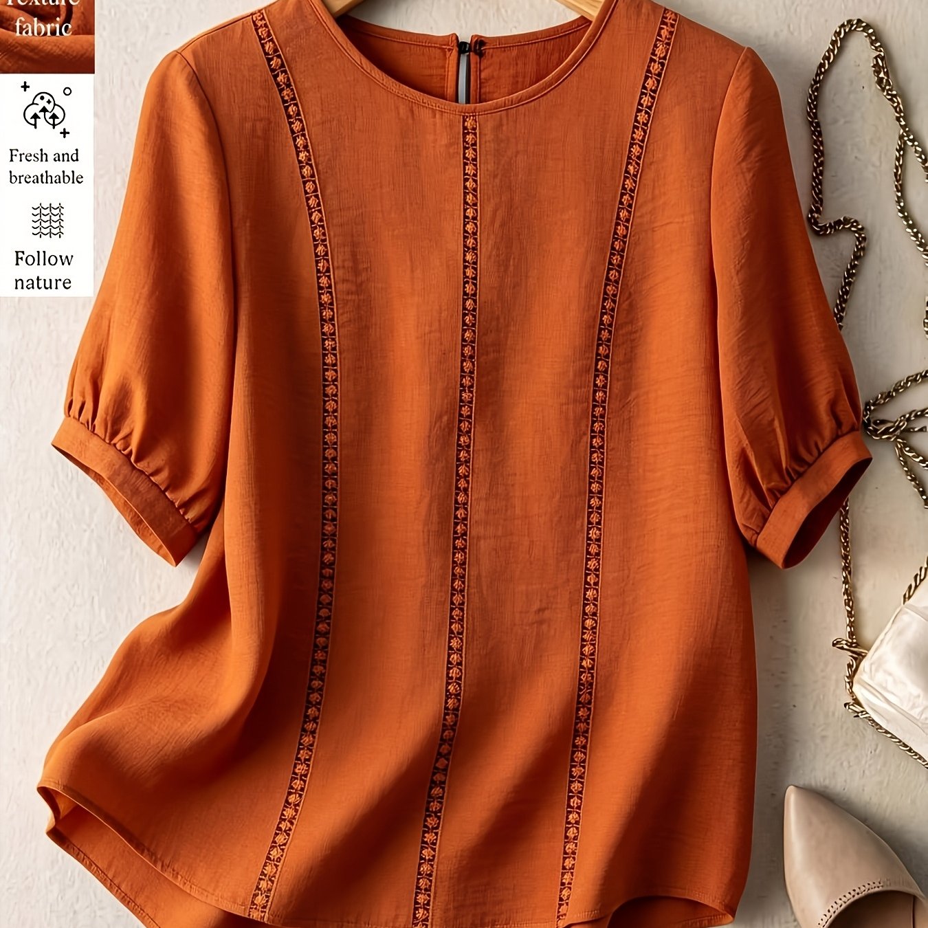 TEMU Women's Summer Top, Orange Summer Blouse, Women's Casual Shirt, Orange Women's Puff Sleeve Blouse, Loose H-line Round Neck Women's Shirt,