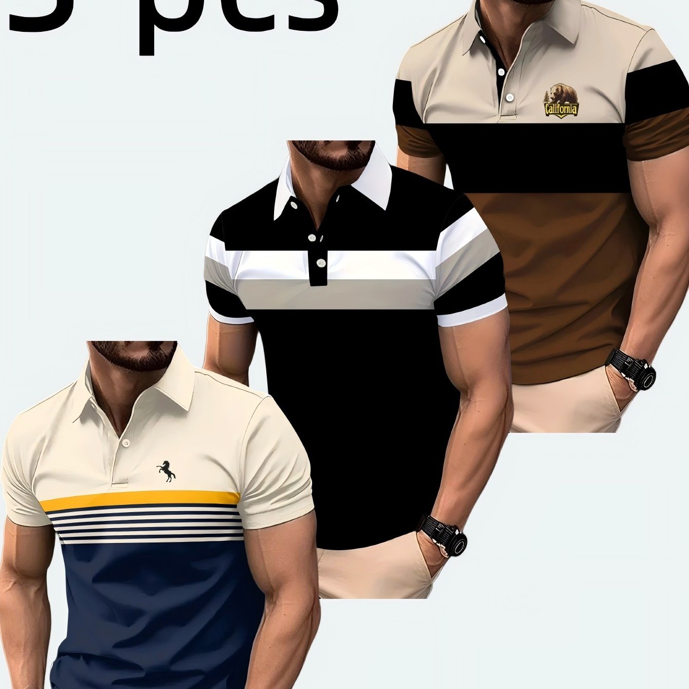 Image of Men's Shirt 3pcs Color Block Striped Animal Logo Short Sleeve Casual Streetwear Men's Fashion Adults Summer Beach Vacation Outfit