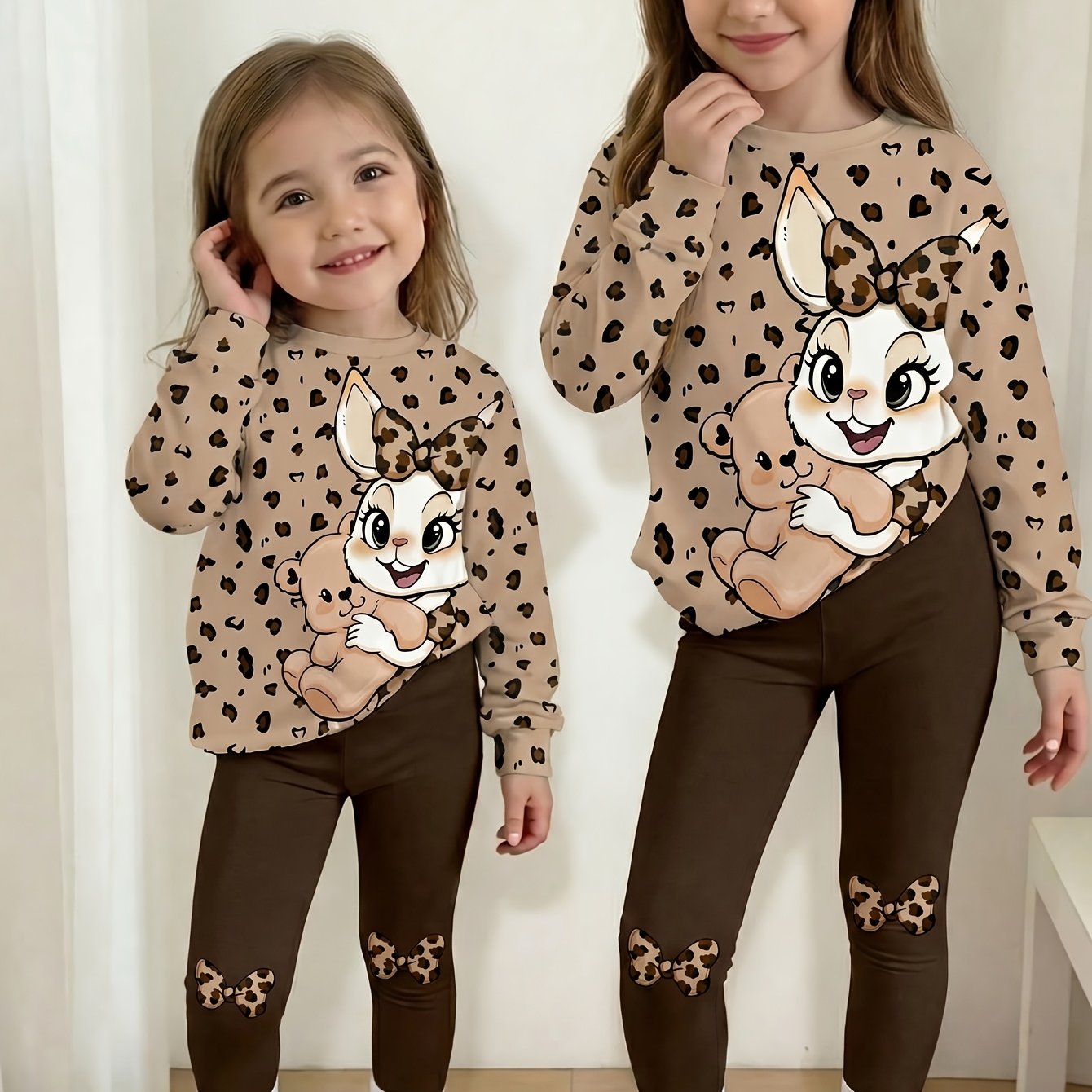 TEMU Girls Spring Autumn Long Sleeve Set Cartoon Leopard Rabbit Print Round Neck Pullover And Bowknot Print Long Pants 2pcs Set Children Casual