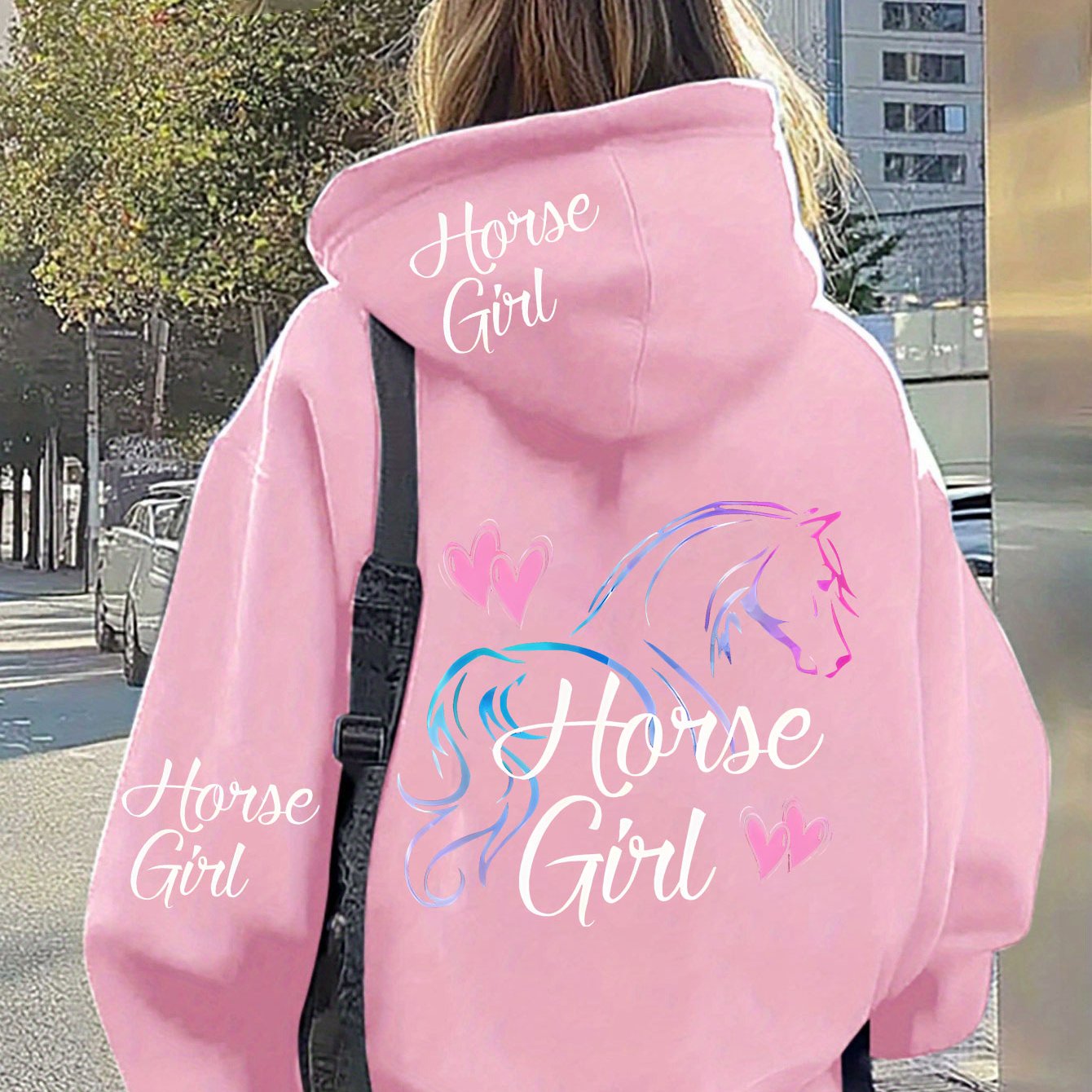 TEMU Plus Size Women's "horse Loving " Pink And Blue Horse Shaped Graffiti Print, Casual Zipper Jacket With Pockets, Autumn And Winter Hoodie, With