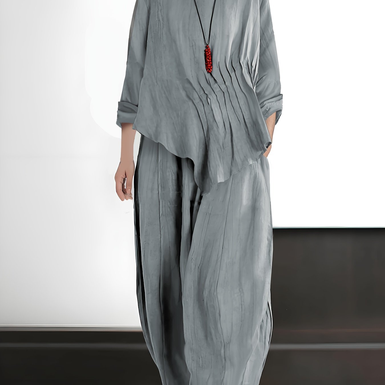 TEMU Plus Size, New Casual Style Fabric, Comfortable And Breathable, Round Neck, Asymmetrical Hem, Body-hugging Design, Unique Personality, Long