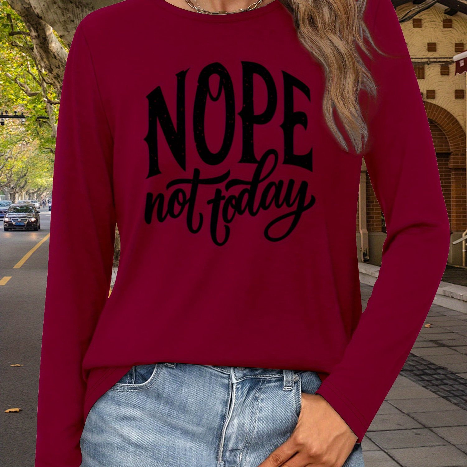 TEMU Women's "nope Not Today" Graphic T-shirt - Long Sleeve Top - Everyday Casual & Formal Outfits - Breathable Everyday Shirt - Non-see-through