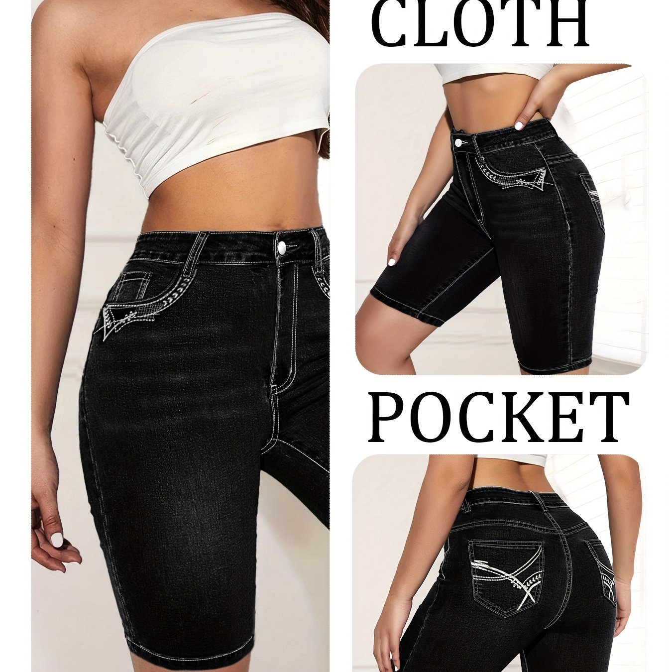 Women's High-waist Stretch Black Casual Denim Shorts With Front And Back Pocket Embroidery