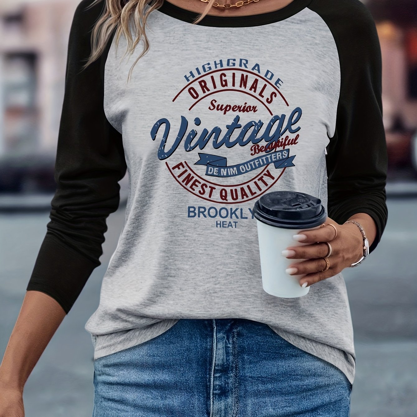E-shop Brooklyn Damen-Langarm-T-Shirt im Vintage-Muster-Design, europäischer amerikanischer Stil, für den , vielseitig, bequem, lässig, mit