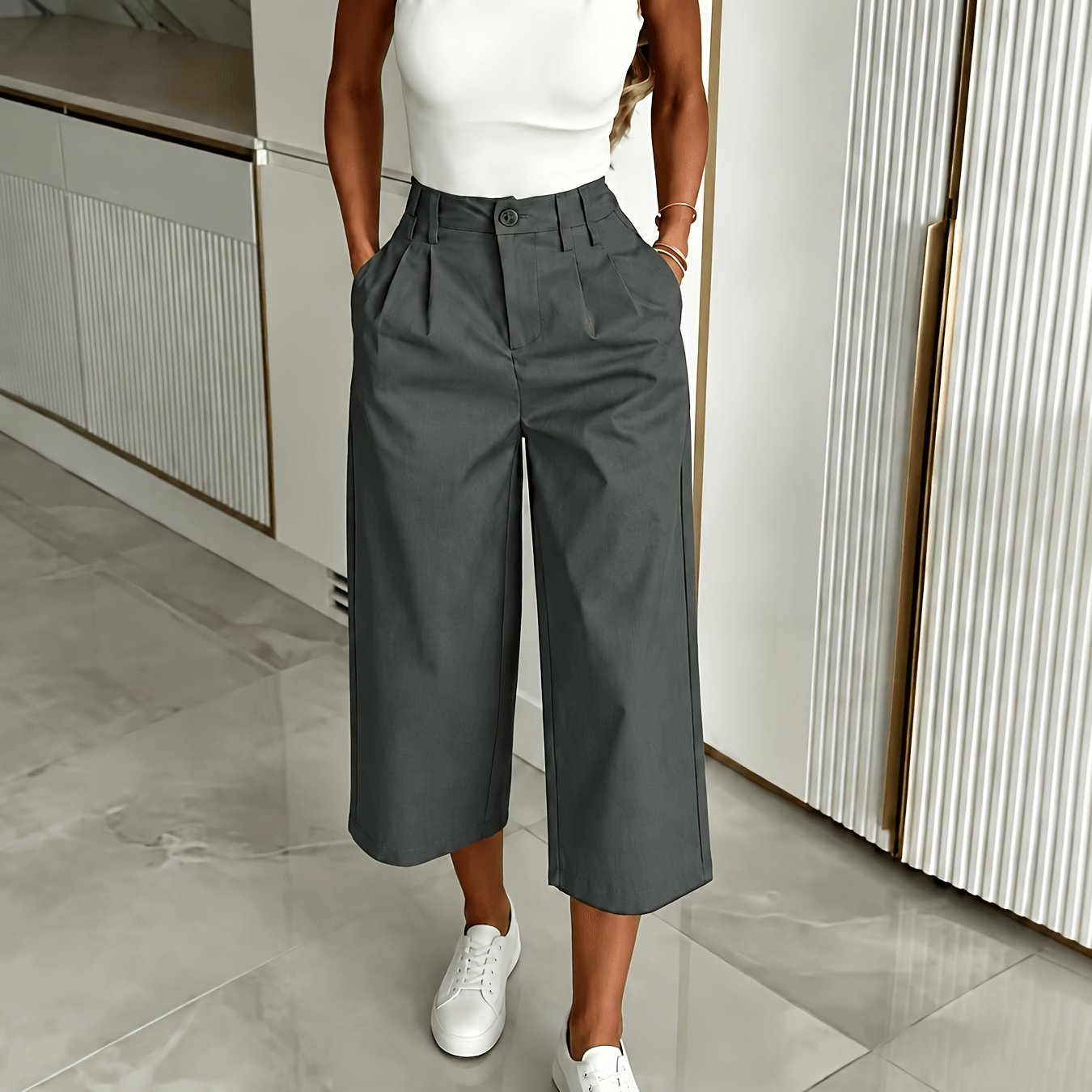 TEMU Women's Elegant Loose-fit Pleated Capri Pants With Pockets For Spring, Summer, And Autumn, Vacation-style Casual Wide-leg Pants, Elastic