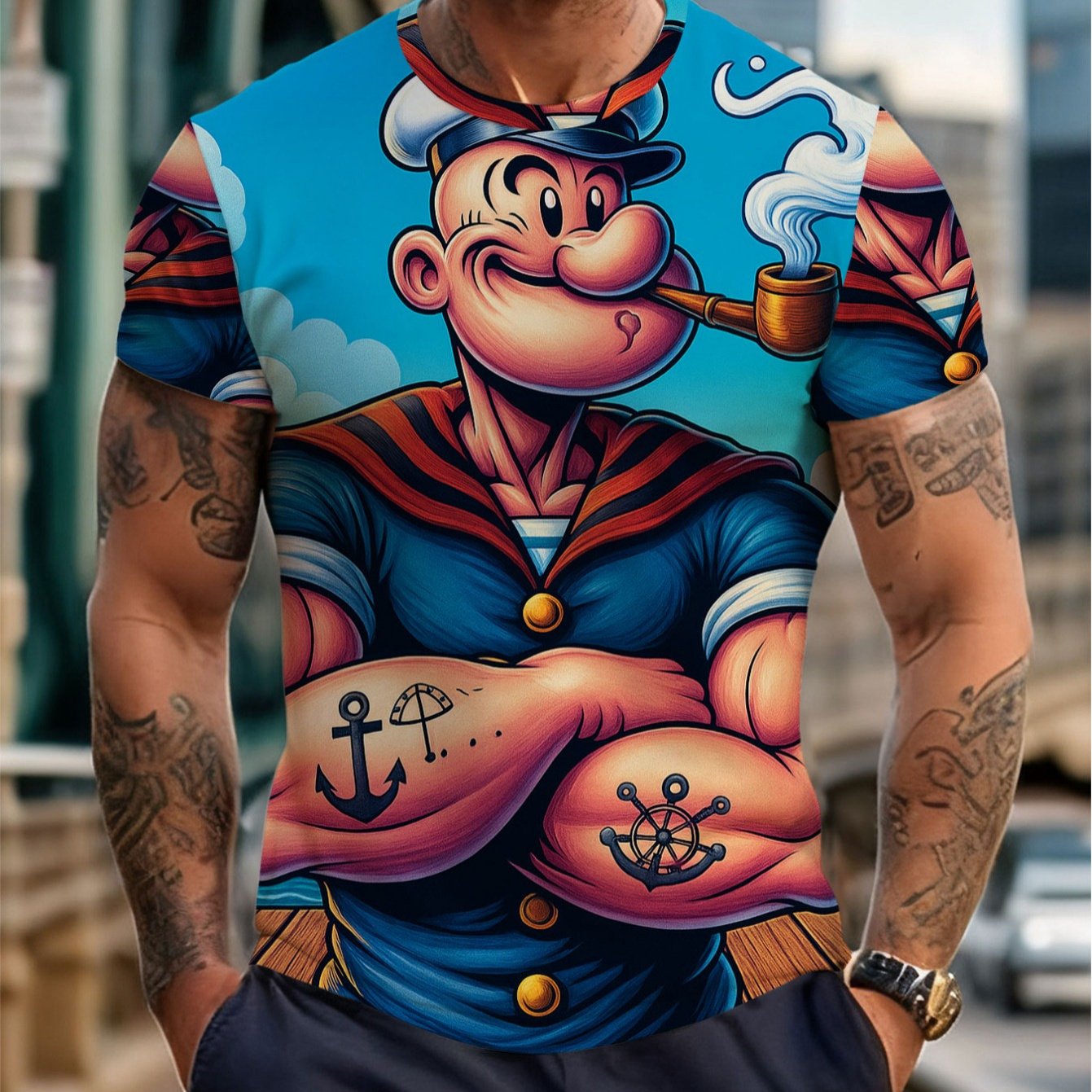 TEMU [printed Design - Not Textured] Sailor Pattern T-shirt, Featuring A Nautical Design, Vibrant Colors, And A Comfortable, Durable Regular Fit.