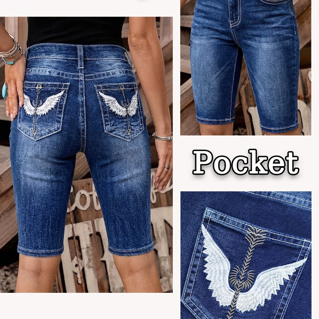 Image of Blue Plus Size Wing Geometric Embroidery Whiskered Five-point Cycling Denim Shorts High Waist Retro Slim Casual Women's Plus Size Denim Shorts