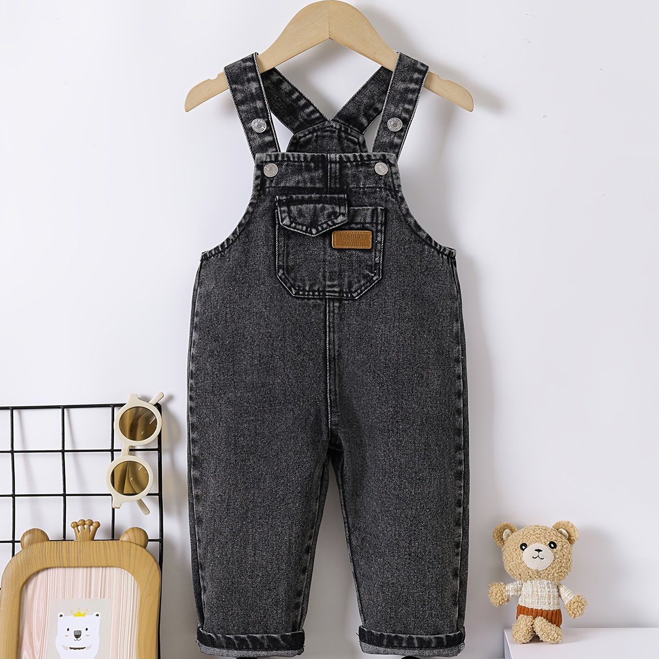 Image of Boys' Denim Fashion Overalls With Pocket Decoration, Perfect For Outdoor