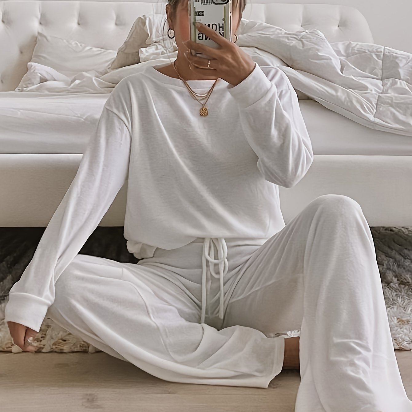 E-shop Damen Herbst Winter Langarm Pyjama-Set aus gebürstetem Stoff, weicher bequemer Casual-Homewear-Set