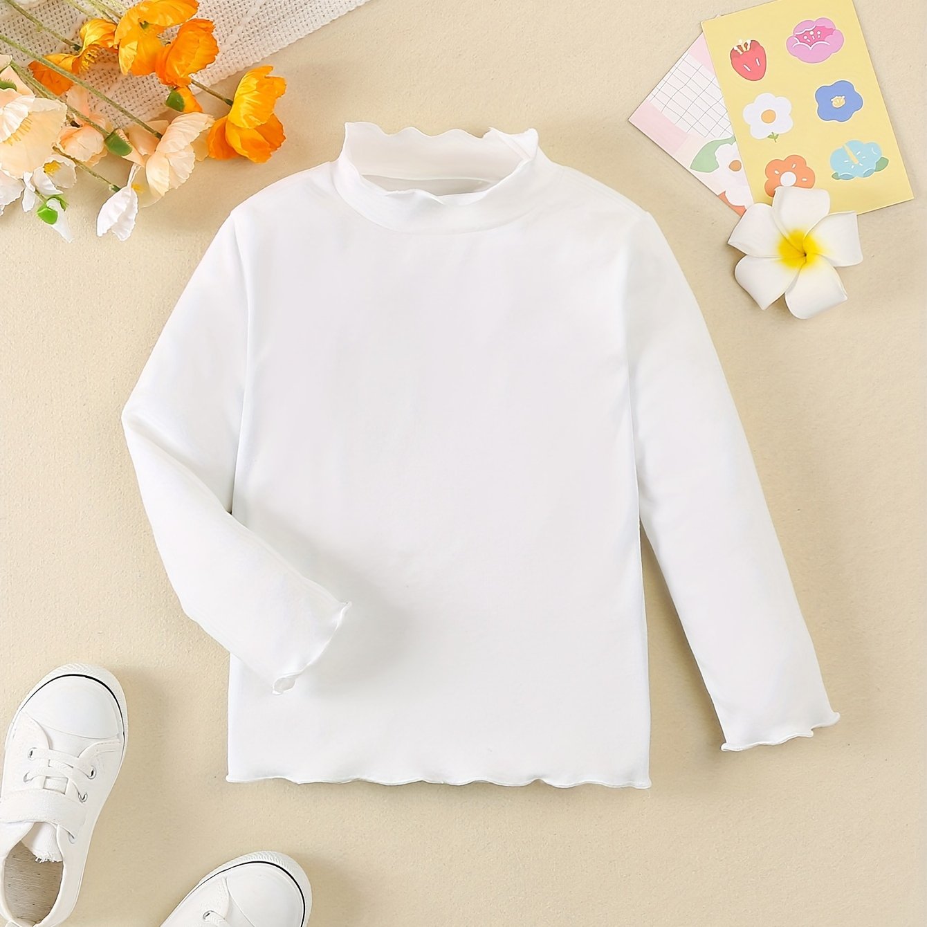 Girls' Fashion Autumn And Solid Color Cute Little Girl Fungus Lace Warm Top T-shirt