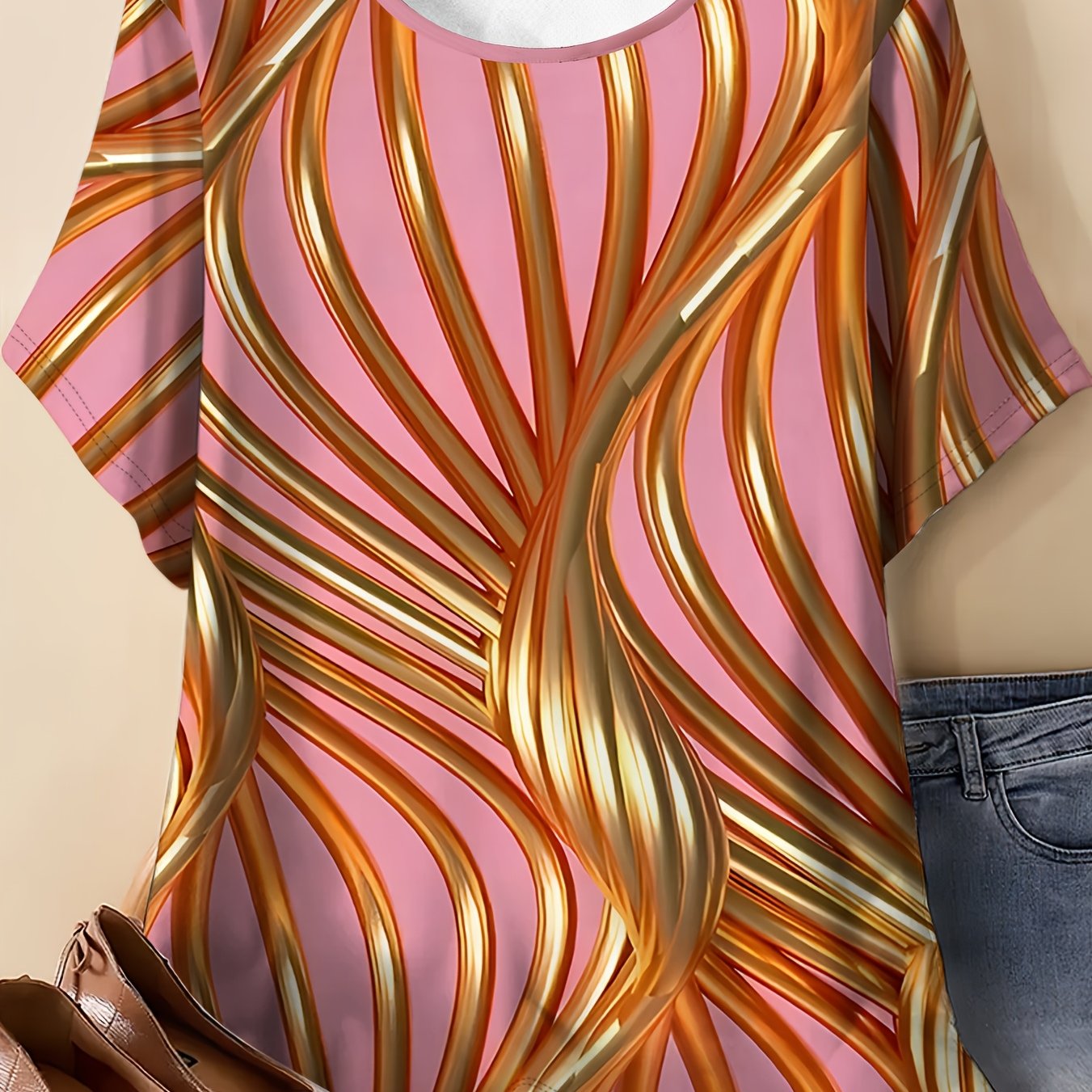 TEMU Women' Plus Size Oversized T-shirt With Golden Abstract - Full-body Short Sleeve Round Neck Suitable For Casual & -casual Wear, Machine Washable