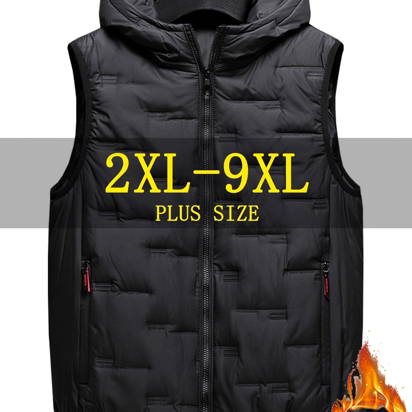 TEMU Plus Size Men's Vests, Warm Sleeveless Jackets - Insulated Winter Vests, Solid Colors, Hooded Vests, Zip Closure With Zip Pockets, Loose Fit, In