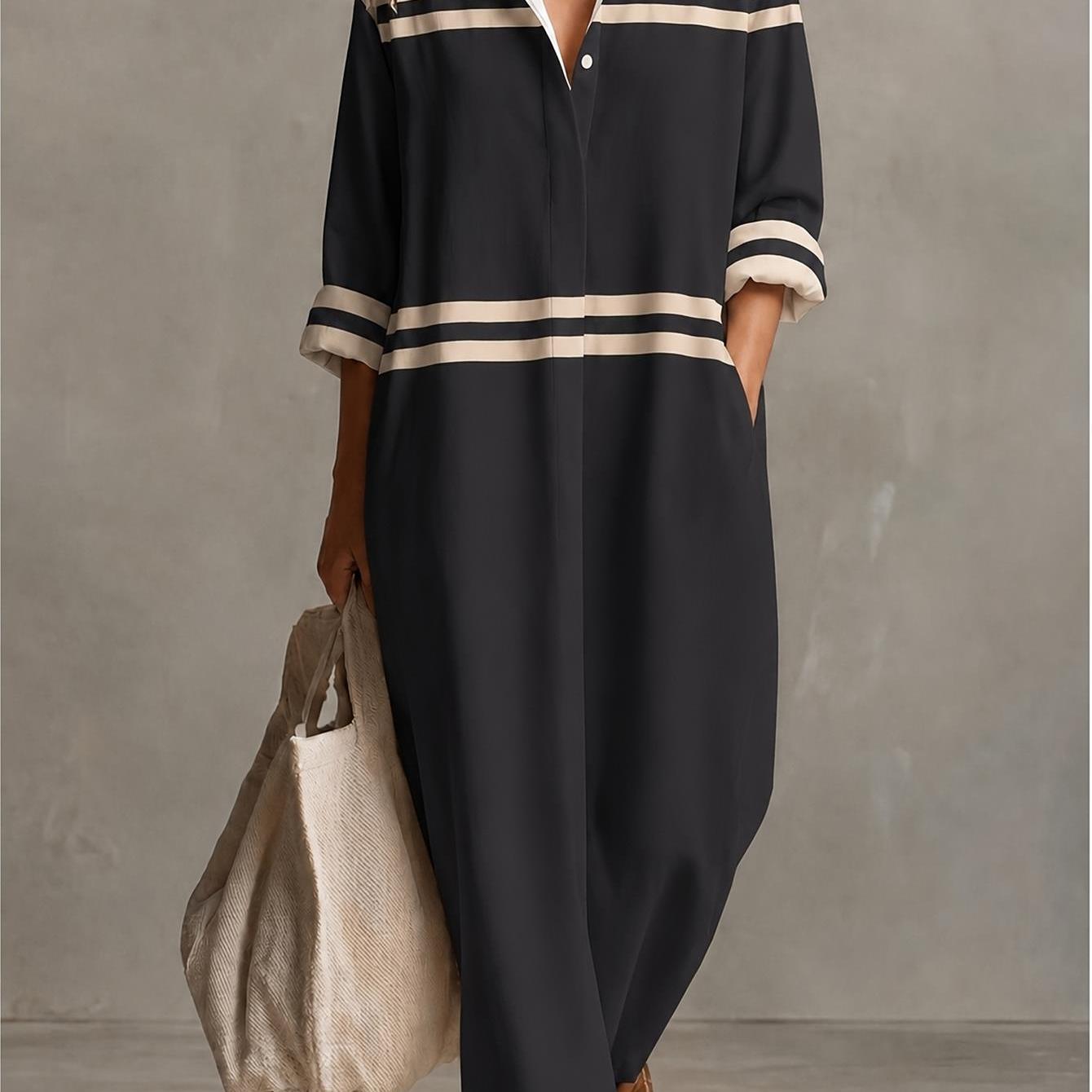 Image of Plus Size, Women's Plus Size Long Sleeve Button-up Shirt Dress With Contrast Trim And Striped Collar, Loose Maxi Dress For Casual Work Cover-up