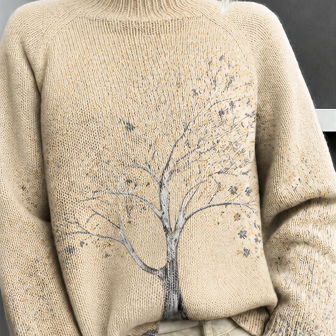 Image of Plus Size, Plus Size Women's High-neck Autumn And Winter New Lazy Style Sweater Top, Autumn Tree Print Turtleneck Sweater For Women Casual And Elegant Winter Top, Urban Commuting Basic Versatile