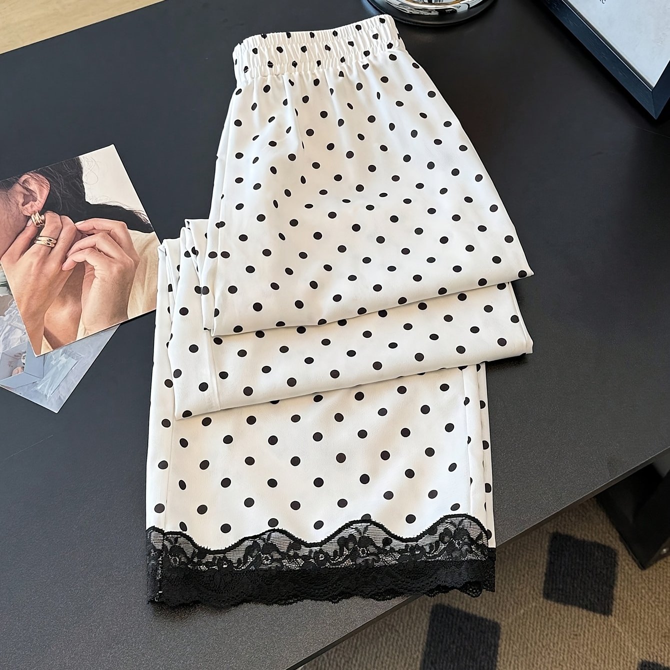 TEMU Polka Dot Lace Elastic Waist Loose Straight Pants, Everyday Polka Dot Pants, Lace Trim Pants, Black And White Pants, Black And White Polka Dot