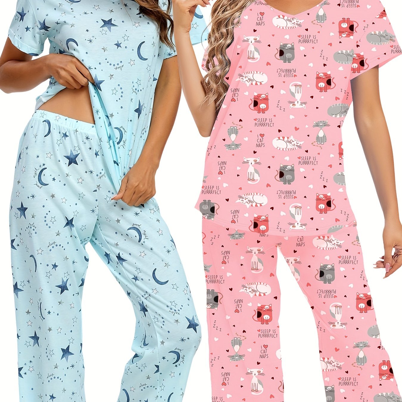 New 2pcs Pajama Set With Printed Pattern, Short Sleeve Capri Pants, Women's Home Sleepwear Set