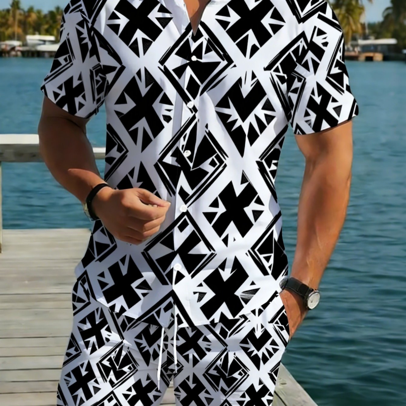 TEMU [printed Design Not Textured]men's Black And White Geometric Print Short Sleeve Shirt Pants Set, Lightweight Polyester Beachwear For Outdoor