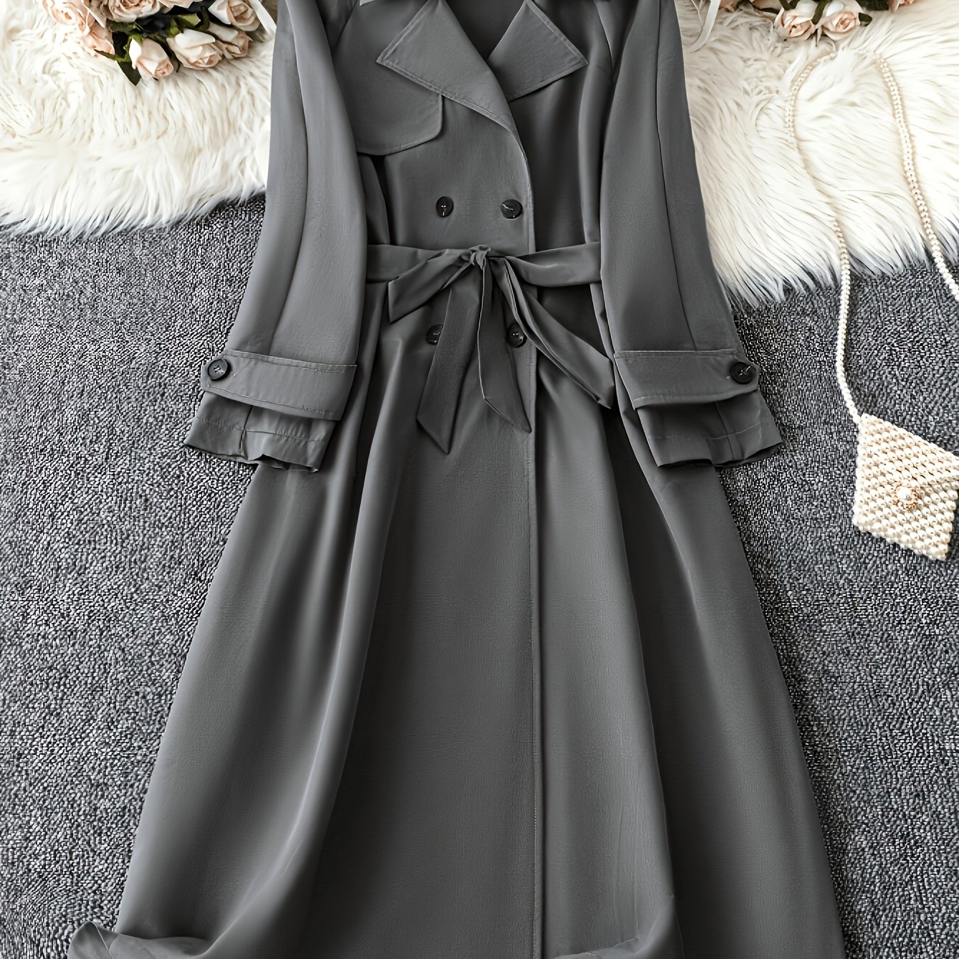 TEMU Spring/summer Casual Versatile Elegant Fashion Solid Color Long Sleeve Button Pocket Belt Women's Trench Coat
