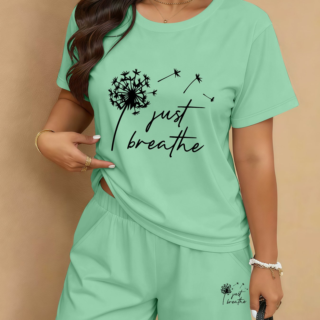TEMU Plus Size - Plus Size - 2pcs Summer Plus Size Casual Women's Round Neck Short Sleeve Set, Just Breathe Dandelion Print Daily Home Comfortable
