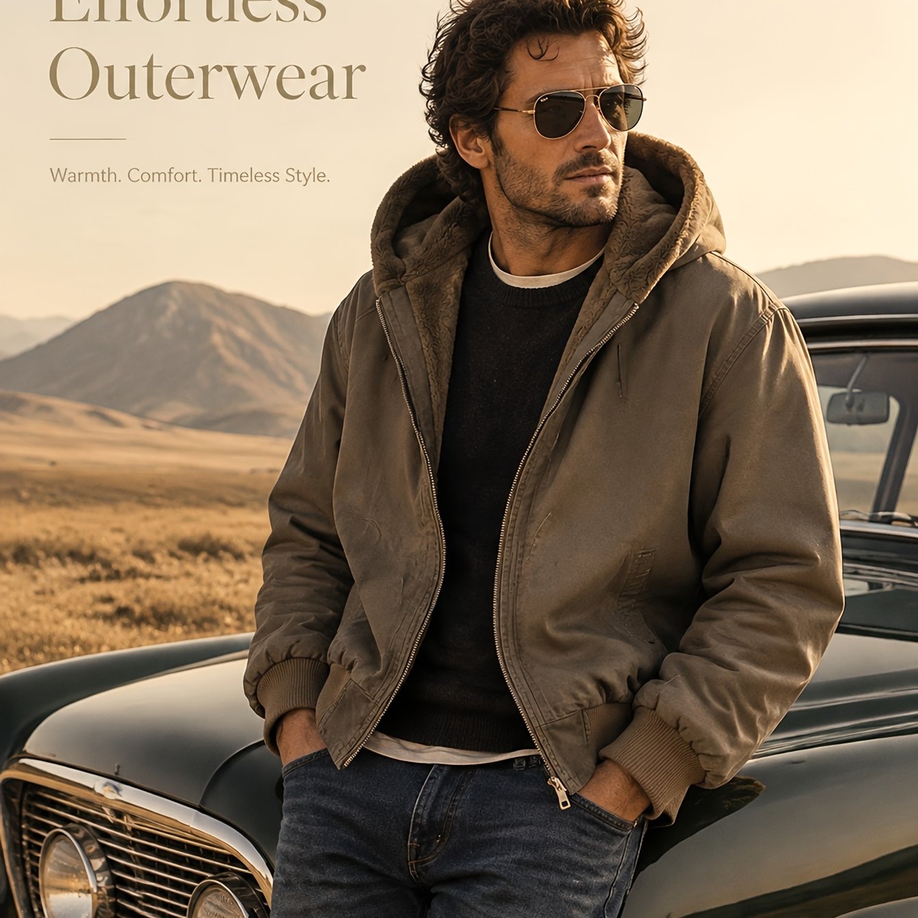 Image of Men's Hooded Fleece-lined Work Jacket, Washed Canvas, Split Shoulder, Side Pockets, Ribbed Cuffs And Hem, Warm Short Coat
