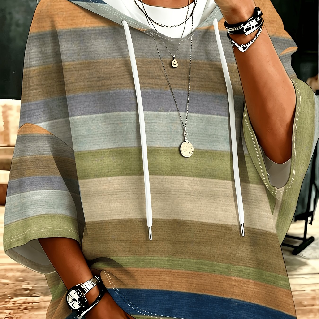 TEMU Plus Size, --block Wide Stripe Hooded Three-quarter Sleeve Top, American-style Relaxed Loose Fit Versatile Casual Hoodie