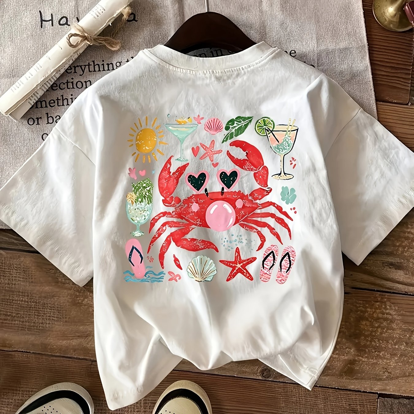 TEMU Women's Semi-sheer Back Crab Print T-shirt - Round Neck Short Sleeve Suitable For Spring/summer, Casual Beachwear & Everyday Outfits, Machine