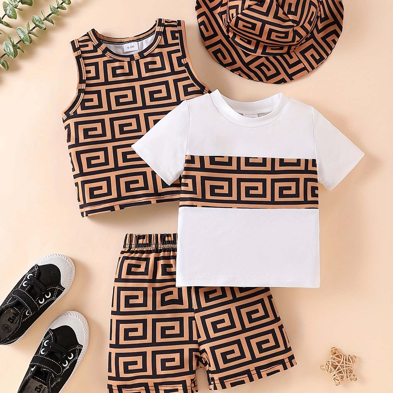 Image of Boys' Summer Casual Comfortable Fashionable Checkered Geometric Print Four-piece Set, Perfect For Outdoor