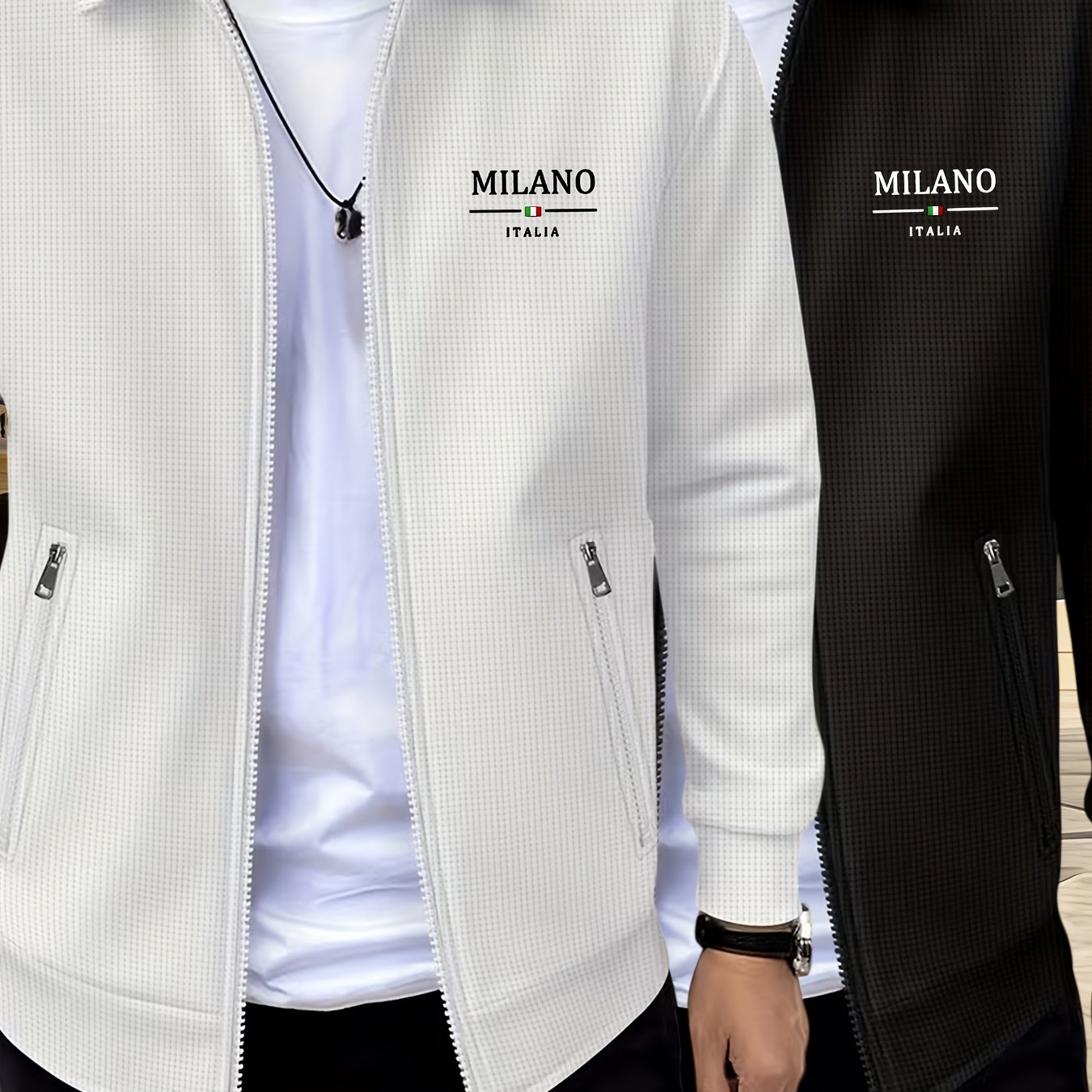 TEMU Obm Spring/autumn 's Long Sleeve Zipper Jacket, Solid Color Lapel Waffle Knit Outdoor Sports Comfortable And Breathable, Random Print, Men's